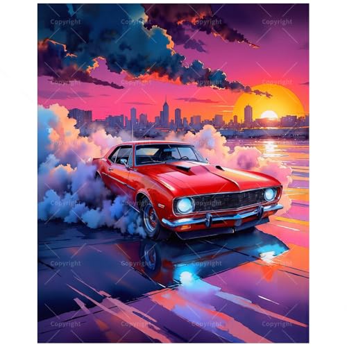 Classic Car Paint by Numbers Kit for Adults - DIY Red Muscle Car at Sunset Painting on Canvas 16x20In, Acrylic Paint Set, Suitable for Beginners, Art for Home Decoration or Gifts(8X12IN Framed) - color: HSX02613, size: 8X12IN Framed