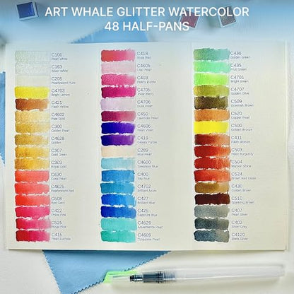 Metallic Watercolor 48 Colors|Tin Box & Waterbrush |Intense Pigments, Smooth Blend