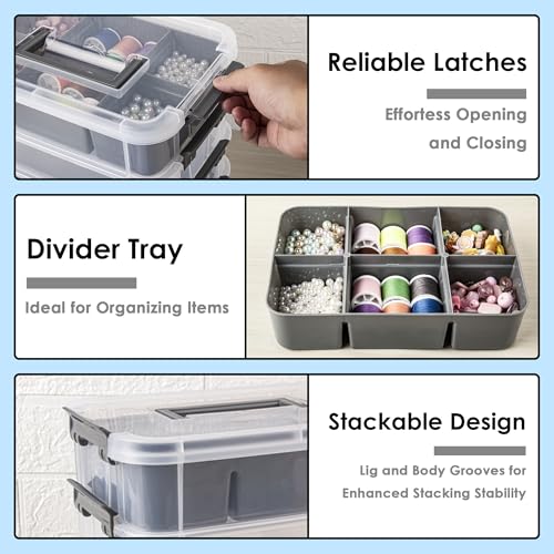 CraftGenes Craft Organizers and Storage, 4-Tier 10 Qt Box, 2 Trays, Grey | Clear Compartments; Dual Removable Inserts; Carry Handle; Side Latches; Beads, Ribbon, Stamps, Scrapbook Pieces, DIY Tools - color: Grey