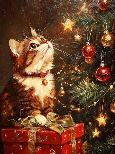 ijbnhd Christmas Cat Diamond Art Kits for Adults | DIY Christmas Diamond Painting Kits, 5D Full Round Drill Painting Kit Art and Crafts for Adult Home Wall Decor 12 X 16inch - color: Christmas Cat, size: 12x16in(30x40cm)
