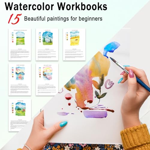 Watercolor Workbooks for Adults Beginners & Teens, 16 Colors 15 Beautiful Paintings, Pre-Outlined Designs, Easy Watercolor Art Book（Without Palette Scenery） - color: Scenery, size: without palette