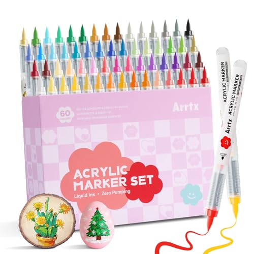 Arrtx 60 Colors Direct Liquid Ink Acrylic Marker, Brush Tip Coloring Drawing Cartoon Anime Comic, Art Supplies for Stone, Glass, Egg, Wood, DIY Crafts