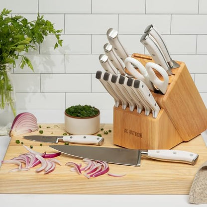 Yatoshi 15 Piece White Knife Block Set - Pro Kitchen Knife Set Ultra Sharp High Carbon Stainless Steel with Ergonomic Handle - color: White, size: 15-Piece