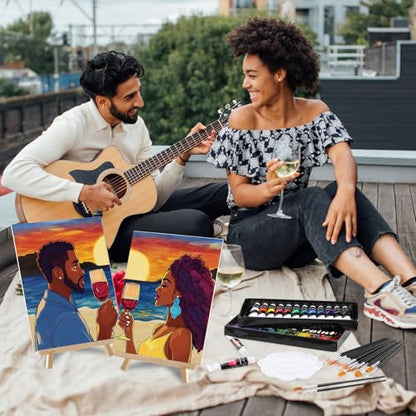 Cholemy 36 Pcs Paint and Sip Kit Gift for Adults 8''x10'',Couple | Pre Drawn Canvas, Painting DIY Afro Acrylic Painting Kit, Wood Easel Brushes, Date Night Bulk, Summer Halloween Party - style: Couple