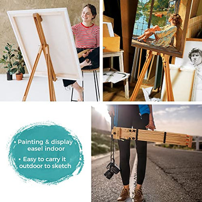 VISWIN Portable Easel for Painting with Bag, Tilting Flat & Adjustable Beech Wood Art Easel Stand, Holds Canvas up to 44", Tripod Field Easel for Adults, Artists, Beginners - Natural - color: Natural
