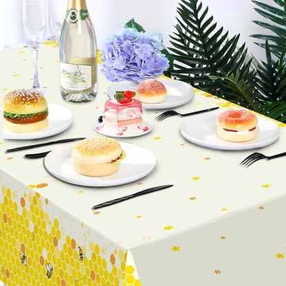 1Pc Bee Party Plastic Tablecloth 54 x 87 Inch Long Table Cover, Honey Honeycomb Party Tablecover for Cartoon Bee Theme Kids Baby Shower Birthday Dinner Picnic Kitchen Event - color: Bee