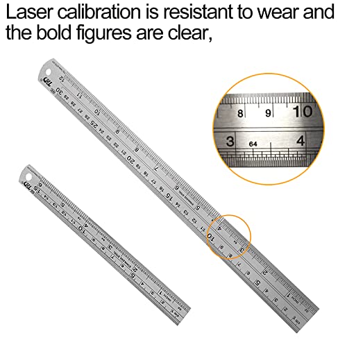 YouOKLight Metal Ruler Set, Stainless Steel 6 Inch and 12 Inch Rulers with Inches and Centimeters, Metric Precision Measuring Drawing Ruler, Silver