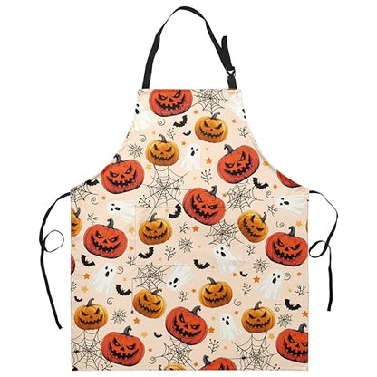 Halloween Aprons Jack-O-Lantern Ghost Cooking Apron Bat Spider Web Pumpkin Kitchen Chef Apron with Pockets Adjustable Neck Strap for Cooking Barbecue Baking Sewing Crafting - color: Halloween Pumpkin-b