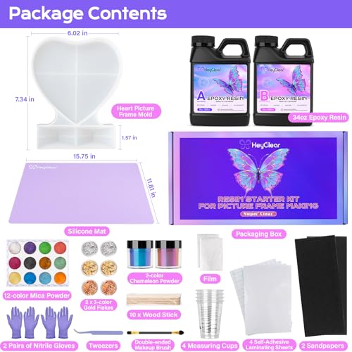 HeyClear Epoxy Resin Picture Frame Heart-Mold Kit, 34oz Clear and Hard Resina Complete Craft Accessories and Supplies Set for Casting Art, DIY Photo Gifts - size: 34oz frame kit