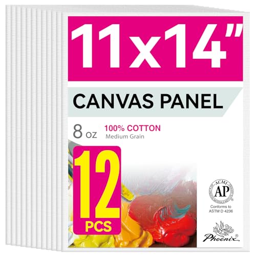 PHOENIX Painting Canvas Panels 11x14 Inch, 12 Value Pack - 8 Oz Triple Primed 100% Cotton Acid Free Canvas Boards for Painting, White Blank Flat Canvas Boards for Acrylic, Oil Paints - color: White, size: 11" x 14"