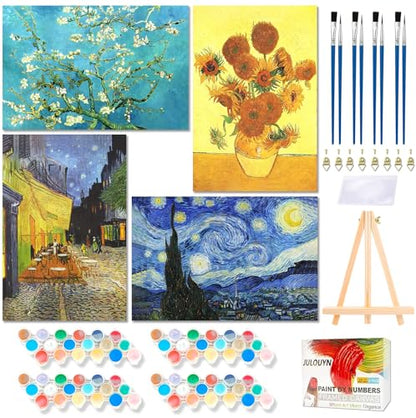 Muzagroo Art 4 Pcs Paint by Numbers Kits for Adults Framed Canvas with Wooden Easel DIY Beach Acrylic Oil Paintings Kits Paint by Numbers on Canvas Wall Art 8x12 inch (Van Gogh) - color: Van Gogh