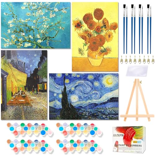 Muzagroo Art 4 Pcs Paint by Numbers Kits for Adults Framed Canvas with Wooden Easel DIY Beach Acrylic Oil Paintings Kits Paint by Numbers on Canvas Wall Art 8x12 inch (Van Gogh) - color: Van Gogh