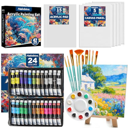 Acrylic Paint Set, Art Painting Supplies Kit with 24 Colors Acrylic Paints (22ML),Wooden Table Easel,Canvas,Painting Pads,10 Paint Brushes & Etc for Students, Artists and Beginner
