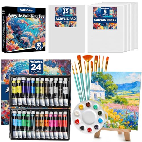 Acrylic Paint Set, Art Painting Supplies Kit with 24 Colors Acrylic Paints (22ML),Wooden Table Easel,Canvas,Painting Pads,10 Paint Brushes & Etc for Students, Artists and Beginner