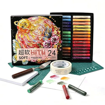 rubens 57 PCS Soft Oil Pastels Kit for Beginner Drawing | 24 Colors Soft Oil Pastels in Box with Palette Knife, Base Board, Tape, 30 Sheets Oil Pastel Paper - color: 24 Colors Set