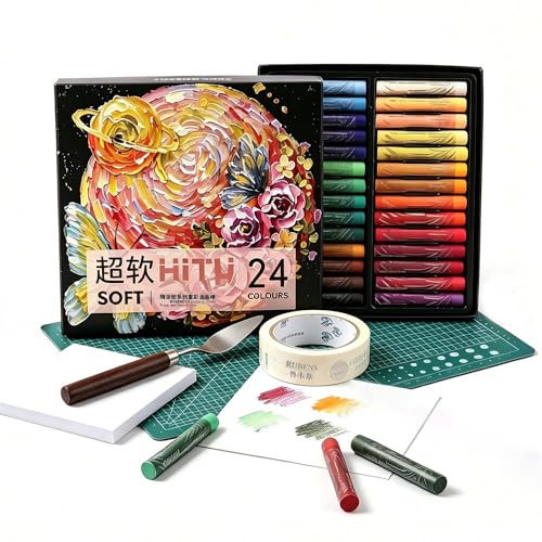 rubens 57 PCS Soft Oil Pastels Kit for Beginner Drawing | 24 Colors Soft Oil Pastels in Box with Palette Knife, Base Board, Tape, 30 Sheets Oil Pastel Paper - color: 24 Colors Set