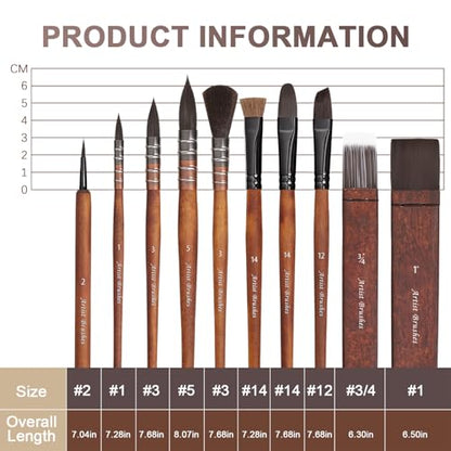 10 Pieces Paint Brush Set, Artist Series, Nylon Bristles with Round, Flat, Fan, Angle, Detail Brush, Suitable for Artists and Beginners for Acrylic Painting, Oil, Watercolor, Gouache(Brown)