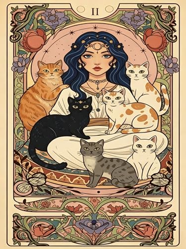 Diamond Art Kits for Adults,Tarot Cats Diamond Art Painting Kits for Adults | Tarot Cats Stress Relief Full Round Drill Heartfelt DIY Gift Strong Adhesive Wall Decor HD Canvas 11.8x15.7in 30x40cm - color: Tarot Cat, size: 11.8x15.7 in(30x40 cm)