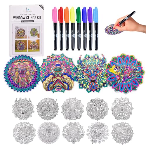 Hula Home Stained Glass Mandala Art Kit - Animal DIY Window Clings with Markers, 10 Suncatchers - Perfect Hobby for Adults, Kids, Teens & Seniors - Ideal Gift for Beginners, Women & Elderly - New - size: New Animal Stained Glass Style