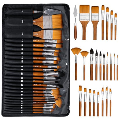 DJAR 25 Pcs Multi-Shape Nylon Paint Brush Set with Cloth Roll Bag | Professional Art Supplies for Acrylic, Oil, Watercolor & Gouache Painting, Craft Brush Kit for Beginners, Students and Adults