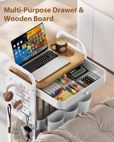 ALVOROG 3 Tier Metal Rolling Cart with Drawer,Wood Top,Pegboards,White | Storage Utility Cart with Drawers,Pegboards,Lockable Wheels,Baskets,Hooks for Kitchen,Office,Bedroom,DIY Supplies - color: White