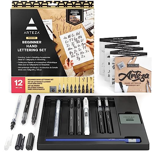 ARTEZA Hand Lettering Pens Set of 12 – Calligraphy and Brush Pens with Guidebook, Pencil, Eraser for Beginners Learning Hand Lettering and Decorative Writing