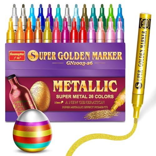 Redfun 26 Colors Metallic Acrylic Paint Markers, Super Golden Glitter Markers Painting Pen Sets for Black Paper, Scrapbook, Card Making, Rock, Glass, Wood, Fabric, Metal, Christmas DIY Crafts - color: 26 Colors