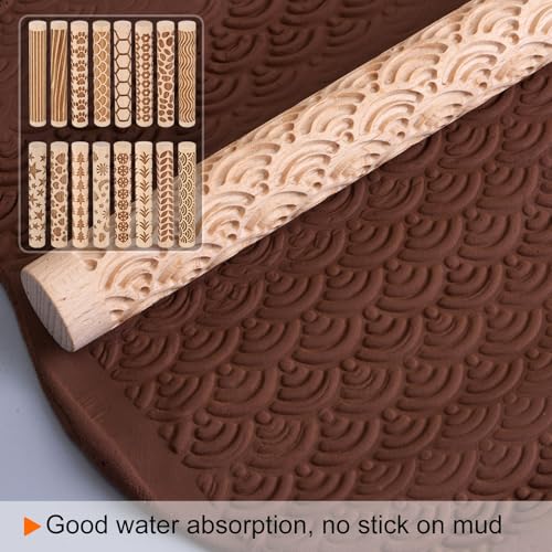 HARFINGTON 2pcs Wood Clay Roller 4" Curved Lines Flower Pattern Rolling Pins Wood Rollers Pottery Tools Wood Grain Texture Rollers for Clay Baking Dough Playdough DIY - style: Curved Lines + Flower