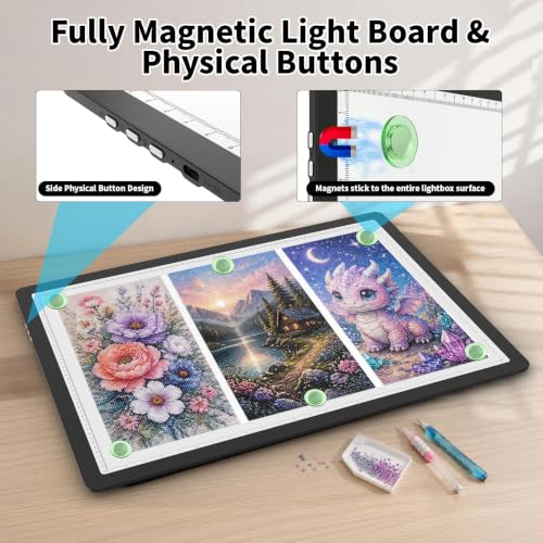 LEACUBER Rechargeable A2 Light Board 25.2''x18.4'', Large Magnetic Tracing Light Box with Side Buttons, Diamond Art Light Pad for Diamond Painting, LED Light Table for Sketching, Weeding Vinyl Black - size: A2