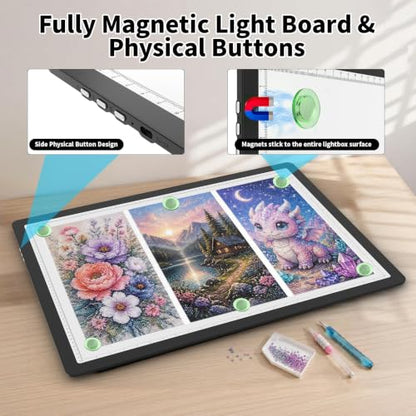 LEACUBER Rechargeable A2 Light Board 25.2''x18.4'', Large Magnetic Tracing Light Box with Side Buttons, Diamond Art Light Pad for Diamond Painting, LED Light Table for Sketching, Weeding Vinyl Black - size: A2