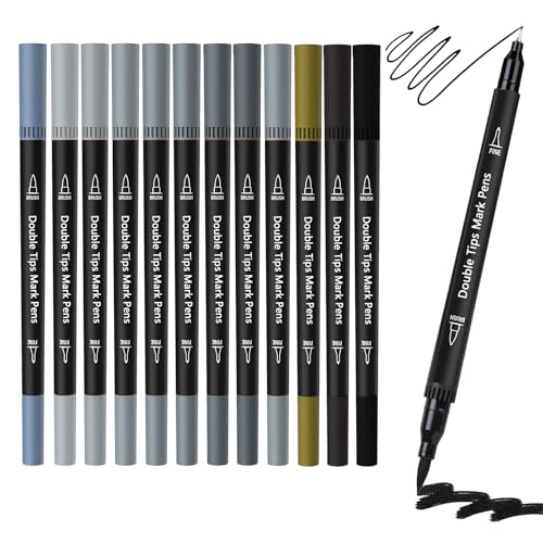 Grey Double Tip Brush Pens Art Markers,12 Colored Artist Fine Brush Pen Coloring Markers for Adult Drawing Art Craft Kit - color: Grey