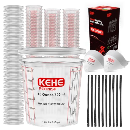 100-pack Paint Mixing Cups by KEHE REFINISH,10 oz (300ml),Disposable or Reusable Plastic Measuring Cups with Lids for Liquids, Paints, Resin, Epoxy, Art,Ratios 1:1,2:1, 3:1, 4:1,5:1,6:1,8:1 - size: 10oz-100Kit