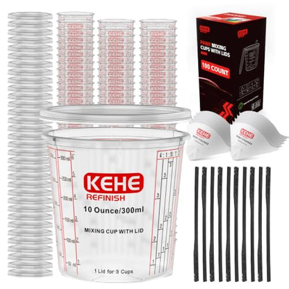 100-pack Paint Mixing Cups by KEHE REFINISH,10 oz (300ml),Disposable or Reusable Plastic Measuring Cups with Lids for Liquids, Paints, Resin, Epoxy, Art,Ratios 1:1,2:1, 3:1, 4:1,5:1,6:1,8:1 - size: 10oz-100Kit