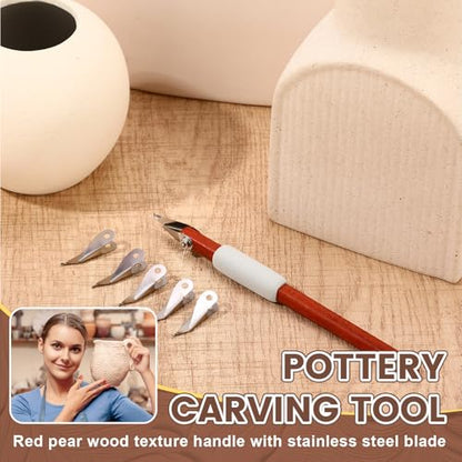Lanties Pottery Carving Tools Set Include 5 Stainless Steel Blades & Red Pear Wood Handle, Sculpture Scraper Craft Modelling Tools for Clay, Ceramic Sculpting, Graffito, Relief Art(Fine Tip) - style: Fine Tip