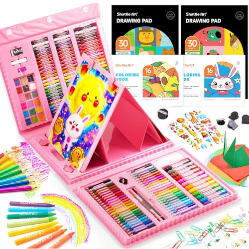 Shuttle Art 335 Piece Kids Art Set, Multi-Media Art Supplies, Gift Art Kit with Trifold Easel, 2 Drawing Pads, 2 Coloring Books, Oil Pastels, Crayons, Watercolors, Markers, Colored Pencils (Pink) - color: Pink-335 Piece
