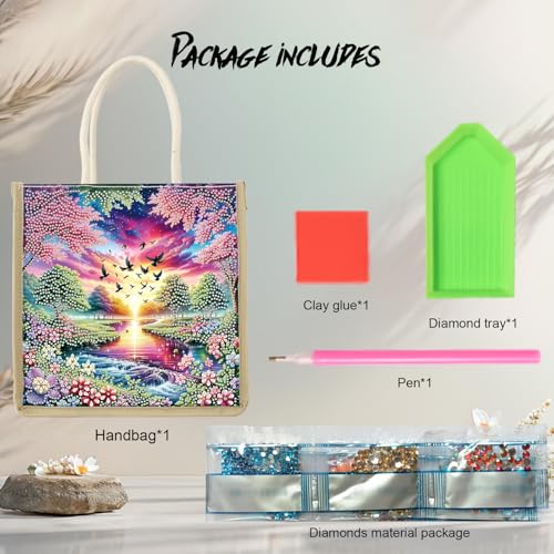 JZHYOAN Landscape DIY Diamond Painting Canvas Tote Bags Package Portable Reusage Handmade Shopping Storage Package DIY Diamond Art Tote Bag Kit Gem ArtTote Bags with Diamonds for Adult Family