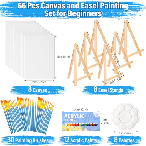 shynek 66 Pack Canvases with Easel Set, 8 x 10 Inch Canvas Boards with Wooden Easels, Acrylic Paint, Paint Brushes Canvas Panel Painting Kit for Beginners Art Crafts Sip and Paint Party - color: 12 Colors Acrylic Paints