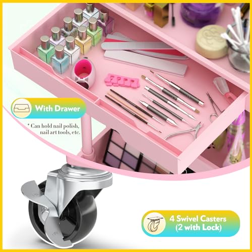 SUNALLY Makeup Cart Organizer with Drawer, 3 Tier Rolling Makeup Cart, Pink - color: Pink, size: 3 Tier