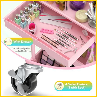 SUNALLY Makeup Cart Organizer with Drawer, 3 Tier Rolling Makeup Cart, Pink - color: Pink, size: 3 Tier