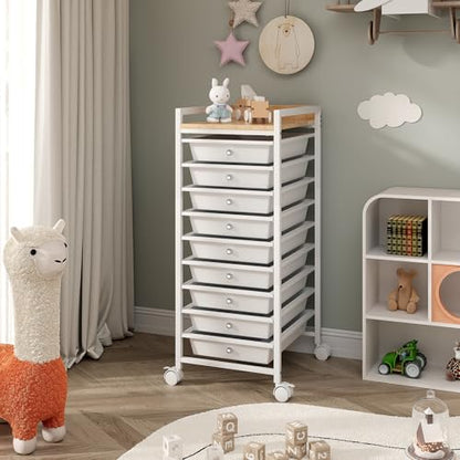 10 Tier Rolling Storage Utility Cart Organizers with 9 Drawers and Metal Fence Wooden Tabletop (White)