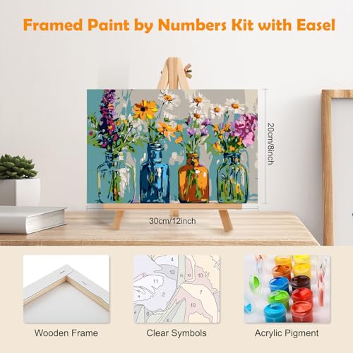 MOGTAA Paint by Numbers Kit for Adults Beginners with Frame, Flowers in Vase Adult Paint by Number Kits on Canvas with Easel, Easy DIY Oil Painting Kits for Home Decor, 8x12in - color: Flowers in Vase