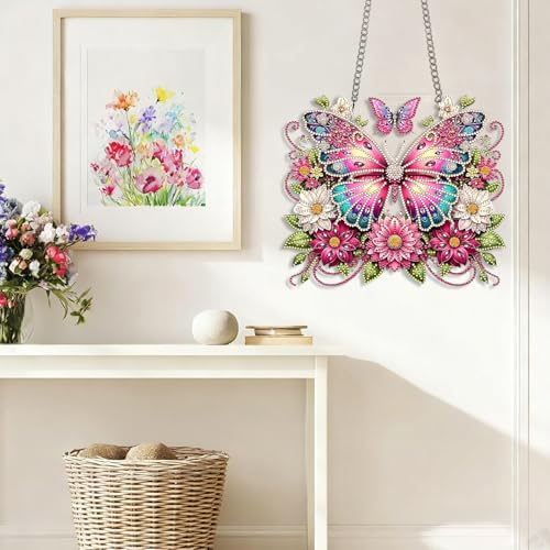LPDJITO Butterflies DIY Hanging Diamond Art Pendant Kit Flowers Butterflies, Special Crystal Diamonds Painting Ornament for Adults, 5D Diamond Art Suncatchers Double Sided Board Gem Painting Kit - color: Color-12