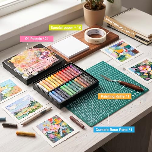 rubens 57 PCS Soft Oil Pastels Kit for Beginner Drawing | 24 Colors Soft Oil Pastels in Box with Palette Knife, Base Board, Tape, 30 Sheets Oil Pastel Paper - color: 24 Colors Set