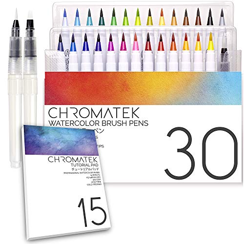 CHROMATEK 30 Watercolor Brush Pens | 15 Page Tutorial Pad & Online Video Series | Brush Tips | Vivid, Blendable Professional Artist Quality | 27 Colors | 3 Aquapens | Complete Water Color Painting Set - style: 30 Pen Set With Pad