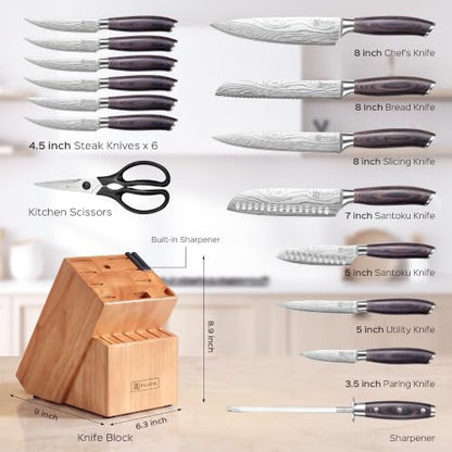 PAUDIN 17 PCS Kitchen Knife Set, Razor Sharp Knife Block Sets, Ideal Gifts - color: Brown, size: 17 PCS Knife Set