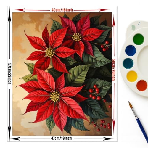 EnLvYY Poinsettia Bouquet Paint by Numbers for Adults 16x20 Inch, DIY Unframed Kit, Vibrant Red Poinsettias with Greenery and Berries, Gift for Christmas and Flower Enthusiasts - color: SNYY0385