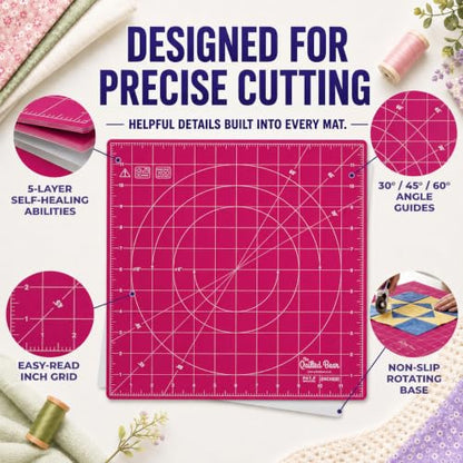 The Quilted Bear 12" x 12" Rotating Self-Healing Cutting Mat, Pink | Square Mat, 360° Rotation, Locking Mechanism, 5-Layer Surface, Non-Slip Base, Clear Inch Grid & Angle Guides for Quilting - color: Pink, size: 12"L x 12"W