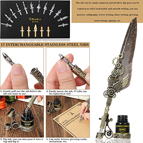 Quill Pen Ink Set, With Quill Pen, Wooden Dip Pen, Glass Dip Pen, 6 Bottles Ink, 16 Letter Paper, 2 Envelopes, 17 Nibs, Pen Holder,2 Bottles Fire Lacquer Wax, Stamp, Spoon, White Wax, Cup(Grey) - color: Grey