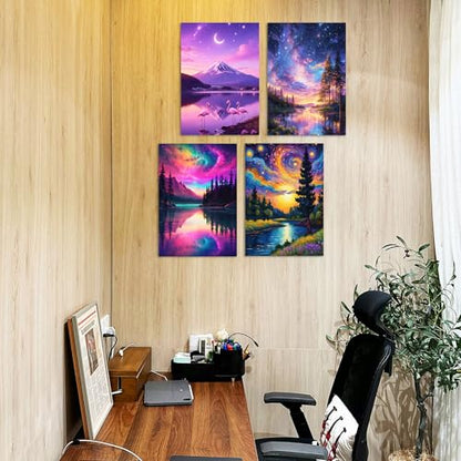 Lanzeyo Diamond Painting Kits for Adults Hand Crafts Diamond Art Kits for Beginners Starry Night Landscape Diamond Painting Diamond Dots Kits Gem Art Adult Crafts 4PCA Wall Art (StarryNight) - color: 06 Starry night