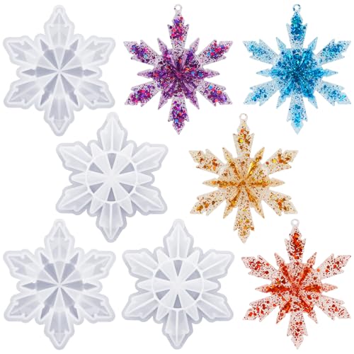4 Pcs Snowflake Resin Molds, 3D Christmas Snowflake Molds, Christmas Epoxy Resin Mold for DIY Winter Xmas Pendant Decoration - color: Snowflake